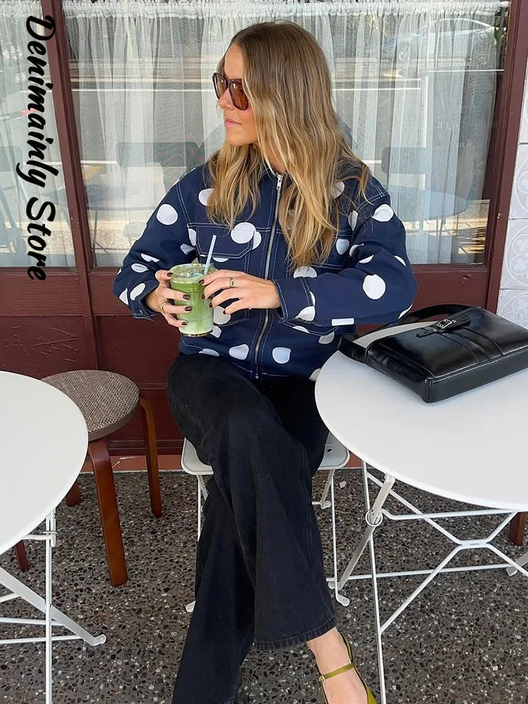 Fashion Polka Dots Blue Denim Jacket Pants Set Women Lapel Full Sleeve Zipper Top Wide Leg Trousers 2025 Autumn New Lady Outfits
