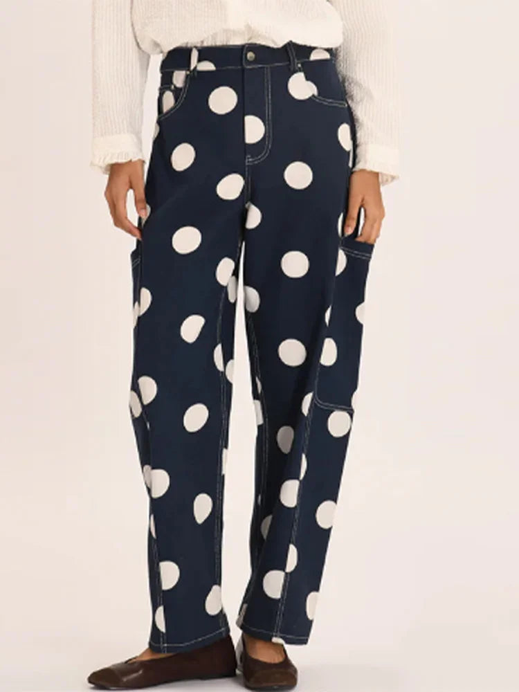 Fashion Polka Dots Blue Denim Jacket Pants Set Women Lapel Full Sleeve Zipper Top Wide Leg Trousers 2025 Autumn New Lady Outfits
