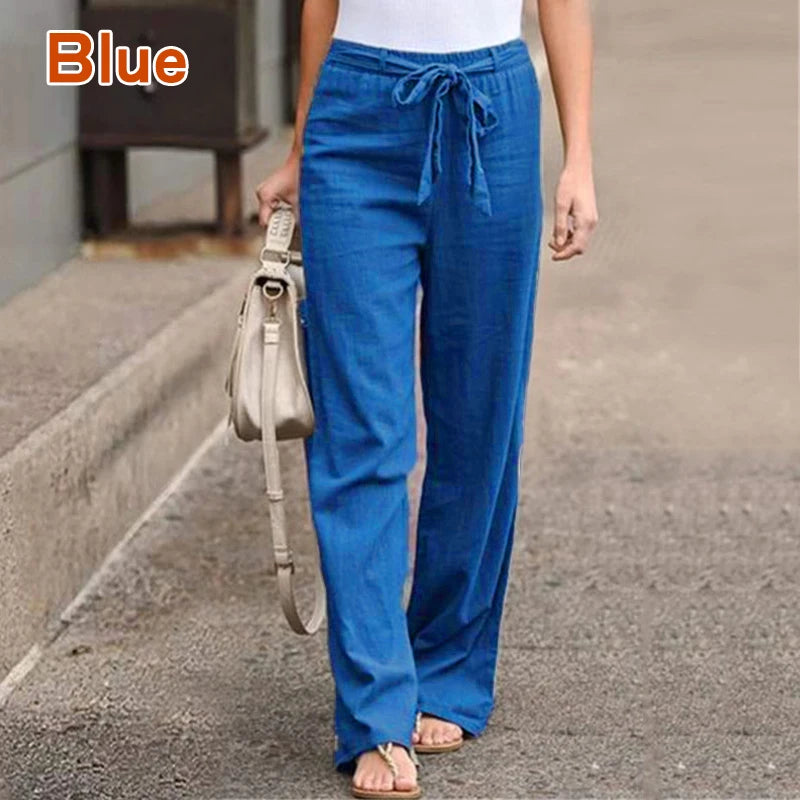 Women Casual Cotton Linen Pants Fashion Solid Color Elastic Waist Loose Straight Pants Female Ankle-length Trousers Summer Pants