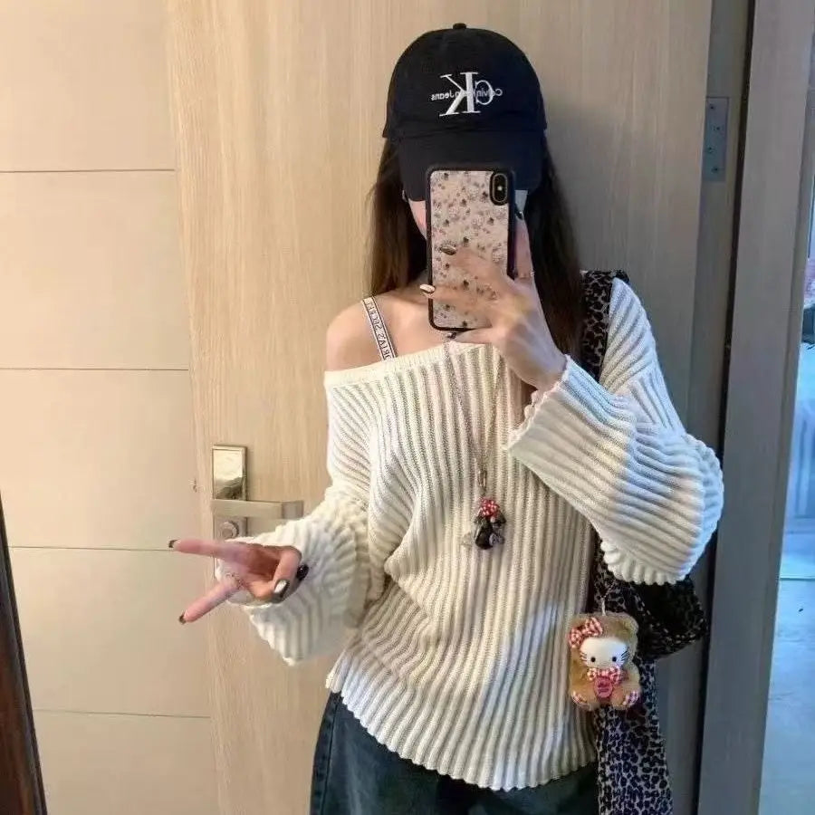 Hollow Out Knitted Stripe Slash Neck Sweater Women Oversize Autumn Winter Long Sleeve Lady Pullovers Lazy Style Blouse Sweater