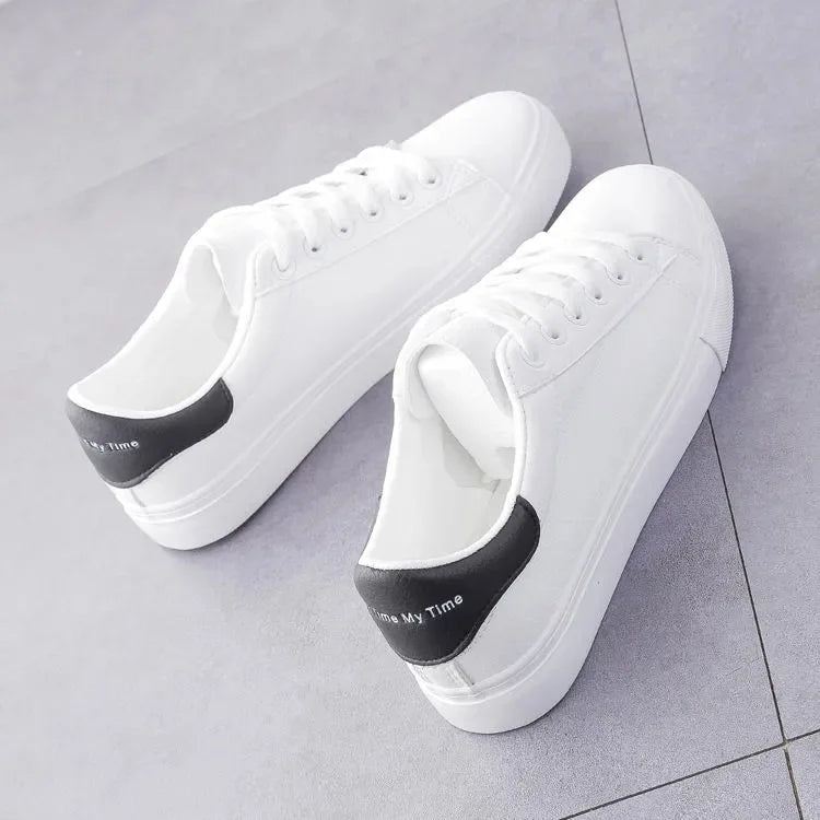 Girls Spring Autumn Versatile White Sports Board Shoes Students Flat Soft Soled Sneaker Girls Front Lacing Solid Color Low Top