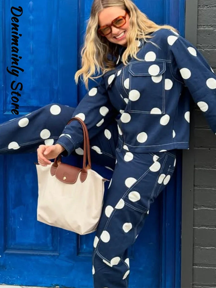 Fashion Polka Dots Blue Denim Jacket Pants Set Women Lapel Full Sleeve Zipper Top Wide Leg Trousers 2025 Autumn New Lady Outfits