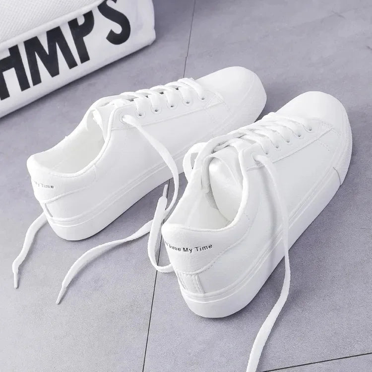 Girls Spring Autumn Versatile White Sports Board Shoes Students Flat Soft Soled Sneaker Girls Front Lacing Solid Color Low Top