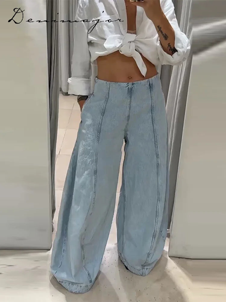Casual Women's Patchwork Jeans Loose Solid Low Waist Pockets Zipper Denim Long Pants 2025 Autumn Lady Y2k Street Fashion Trouser