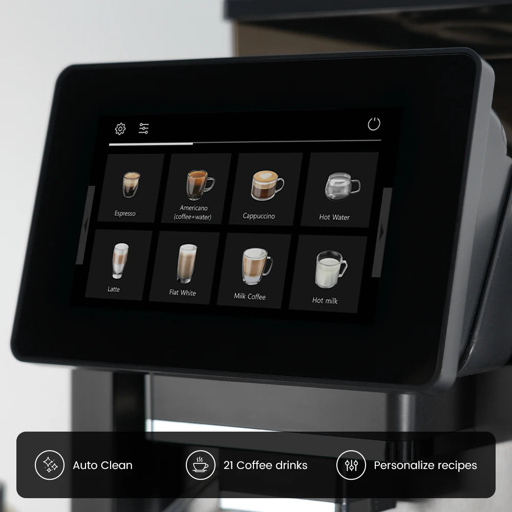 Mcilpoog WS817-Plus 7"colorful large screen Automatic Espresso Machine with Milk Frother, 21 Flavors for Home & Office