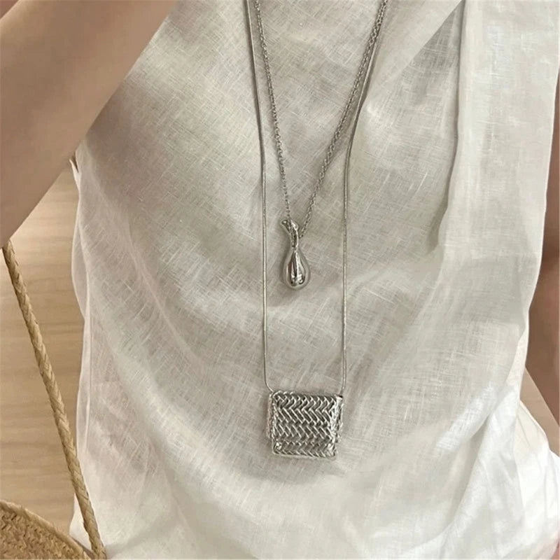 Metal Woven Bag Long Necklace Female Korean Niche Ins Personality Unique Fashion Versatile Necklace Sweater Chain for Womern