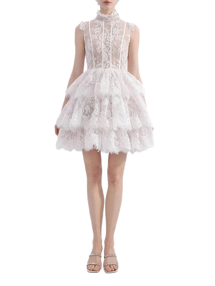 UCXQ French Style Birthday Dress For Womern O-neck Sleeveless Lace Patchwork Hollow Out Female Mini Cake Dresses 23Z1978