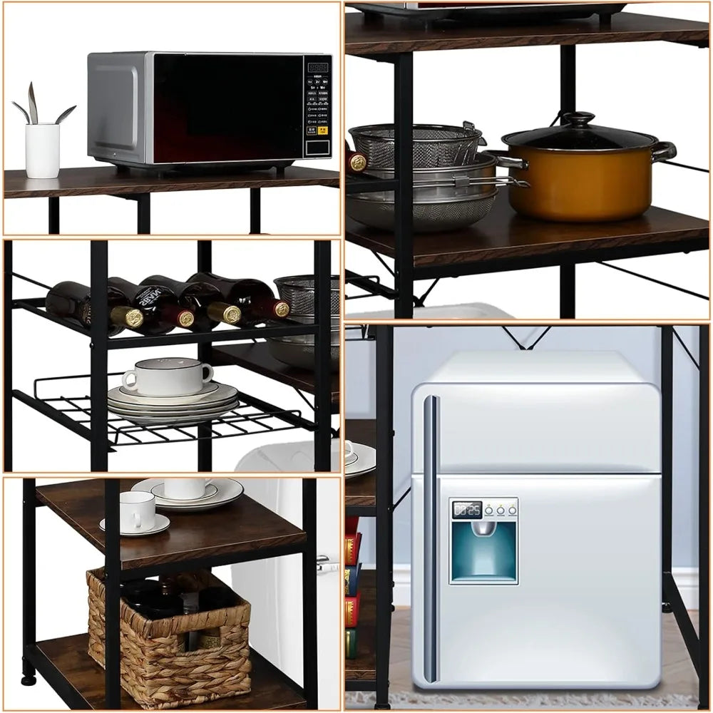 Bakers Racks for Kitchens with Storage Mini Fridge Stand Bar Cabinet with Mini Fridge Space, Big Drawer, Wine Rack, Metal Frame