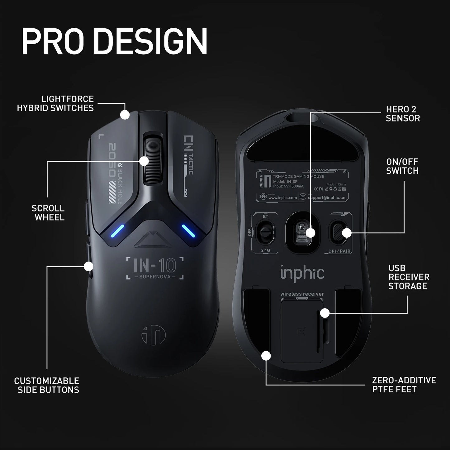 INPHIC IN10P Wireless Gaming Mouse: 26K DPI, 8K Polling, 100M Clicks, PAW3395, Triple Mode (BT/Wired/2.4G), Lightweight