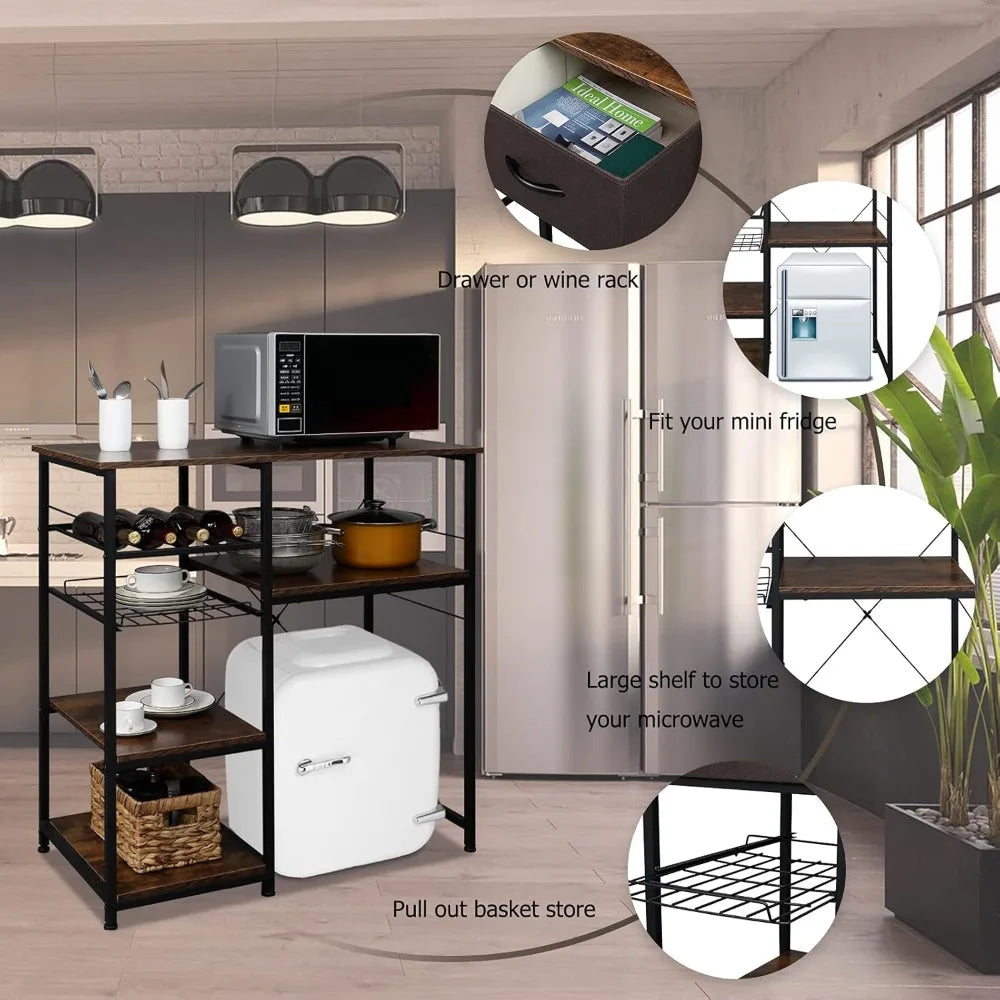 Bakers Racks for Kitchens with Storage Mini Fridge Stand Bar Cabinet with Mini Fridge Space, Big Drawer, Wine Rack, Metal Frame