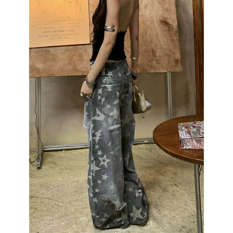 Vintage High Waist Women Blue Jeans Printing Fashion Streetwear Wide Leg Jean Female Denim Trouser Straight Baggy Denim Pants