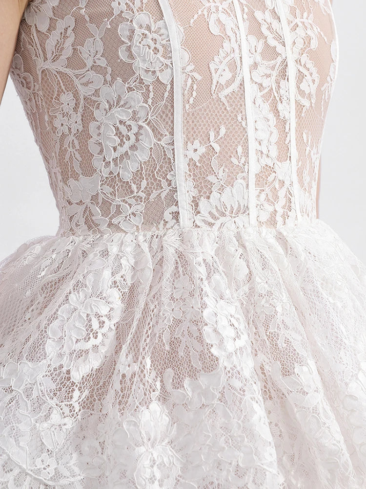 UCXQ French Style Birthday Dress For Womern O-neck Sleeveless Lace Patchwork Hollow Out Female Mini Cake Dresses 23Z1978