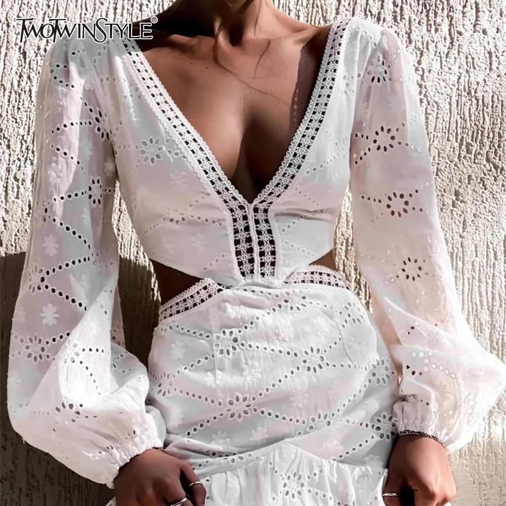 TWOTWINSTYLE Solid Hollow Out Slimming Dresses for Womern V Neck Long Sleeveless Temperment Dresses Female New