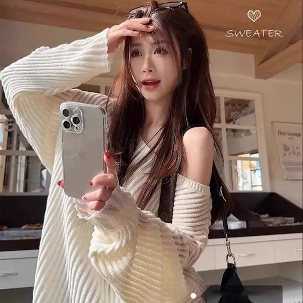 Hollow Out Knitted Stripe Slash Neck Sweater Women Oversize Autumn Winter Long Sleeve Lady Pullovers Lazy Style Blouse Sweater