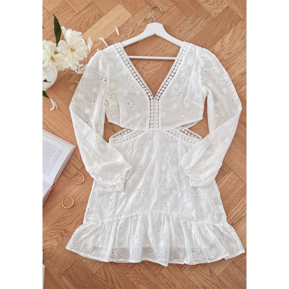 TWOTWINSTYLE Solid Hollow Out Slimming Dresses for Womern V Neck Long Sleeveless Temperment Dresses Female New
