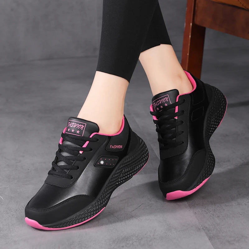 Spring and autumn women's shoes, air cushion, leather surface, waterproof, lightweight, non-slip sports shoes, thick-soled lace-
