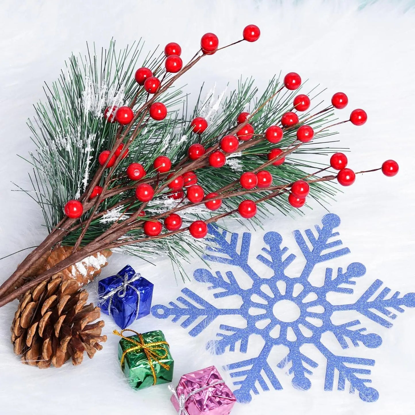 100pcs Classic Style Artificial Holly Berries With Wire Stems - Perfect For Christmas Tree & Wreath Decorations, Home Crafts, An