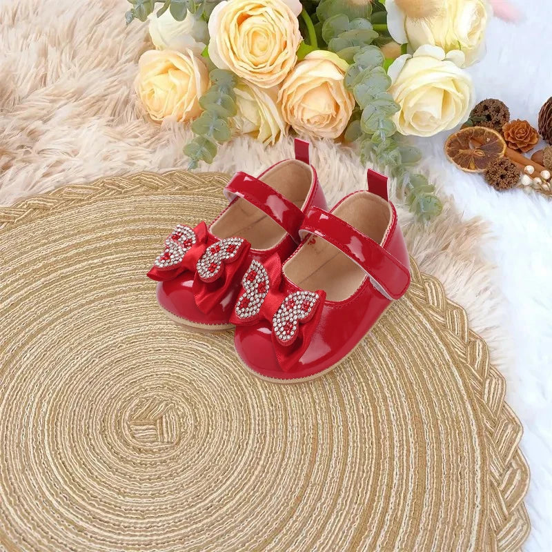 Casual Cute Rhinestone Bowknot Decor Mary Jane Shoes For Baby Girls, Lightweight Non-slip Walking Shoes For Spring And Autumn