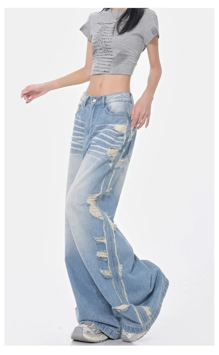Vintage Blue Ripped Jeans women Streetwear 90s American Retro Y2k Denim Pants 2000s High Waist Straight Loose Casual Trousers
