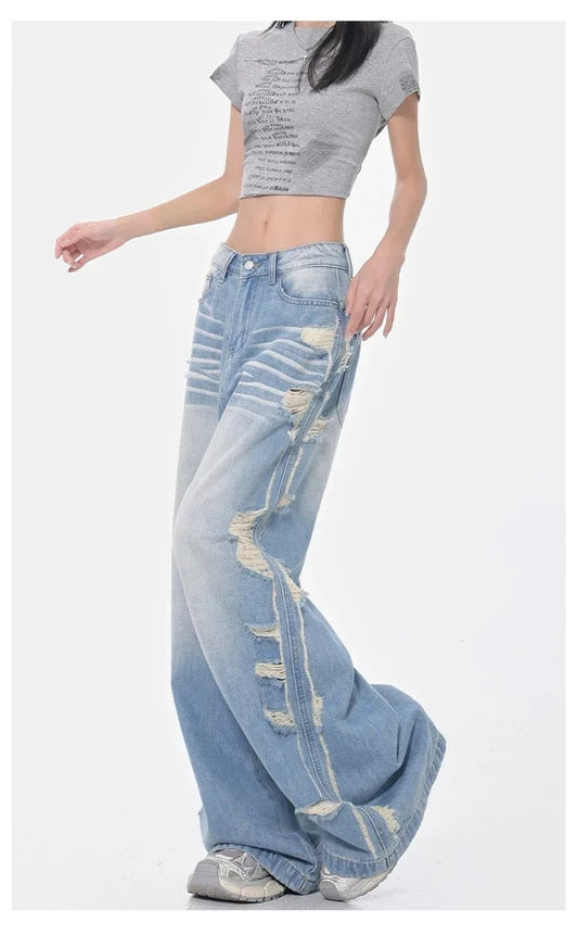 Vintage Blue Ripped Jeans women Streetwear 90s American Retro Y2k Denim Pants 2000s High Waist Straight Loose Casual Trousers