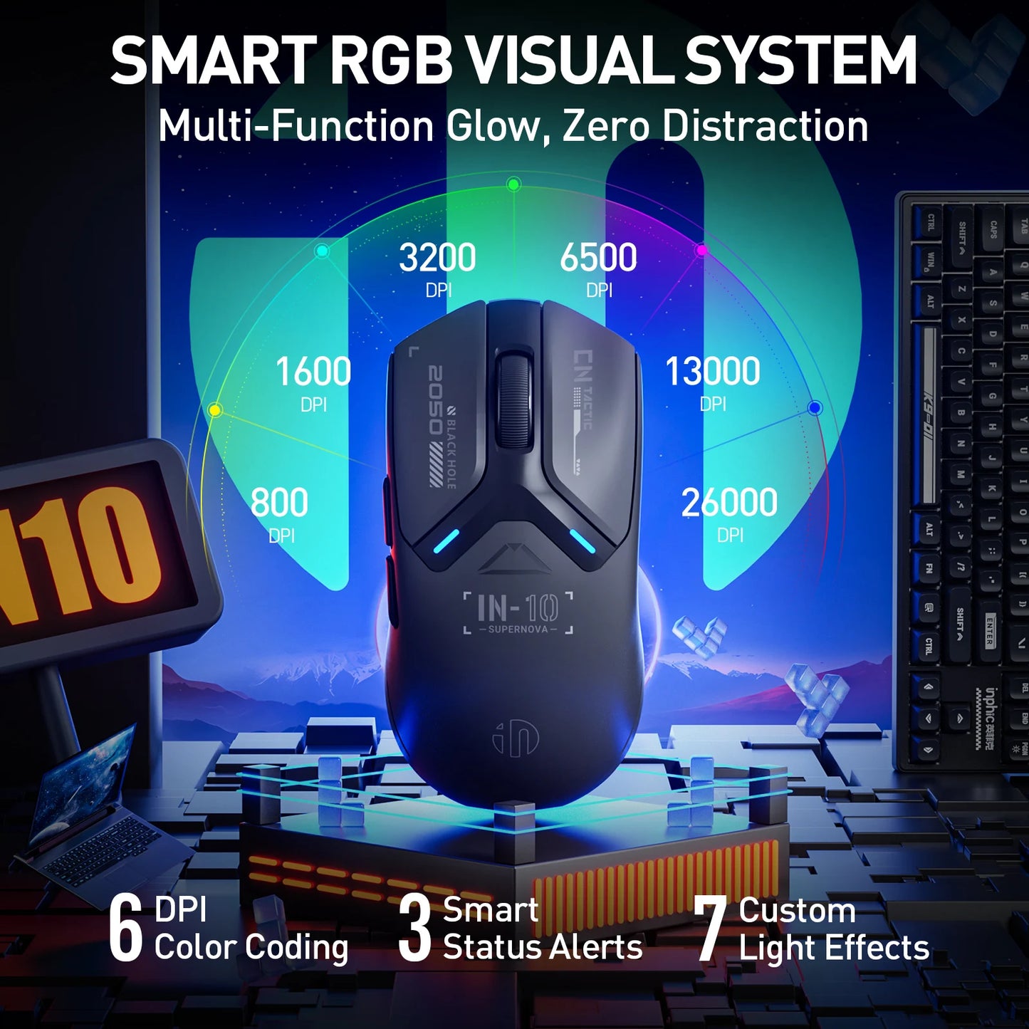 INPHIC IN10P Wireless Gaming Mouse: 26K DPI, 8K Polling, 100M Clicks, PAW3395, Triple Mode (BT/Wired/2.4G), Lightweight