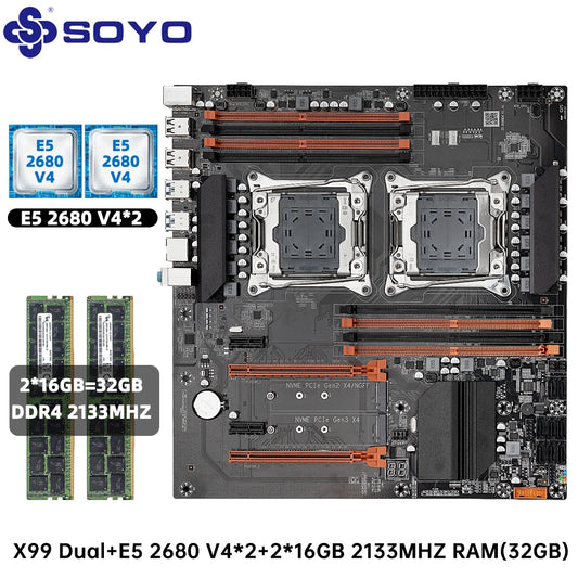 SOYO NEW X99 Dual CPU Motherboard Kit lntel Xeon E5 2680 V4&DDR4 32GB (2*16GB) LGA2011-3 M.2 NVME for Desktop Gaming Computer