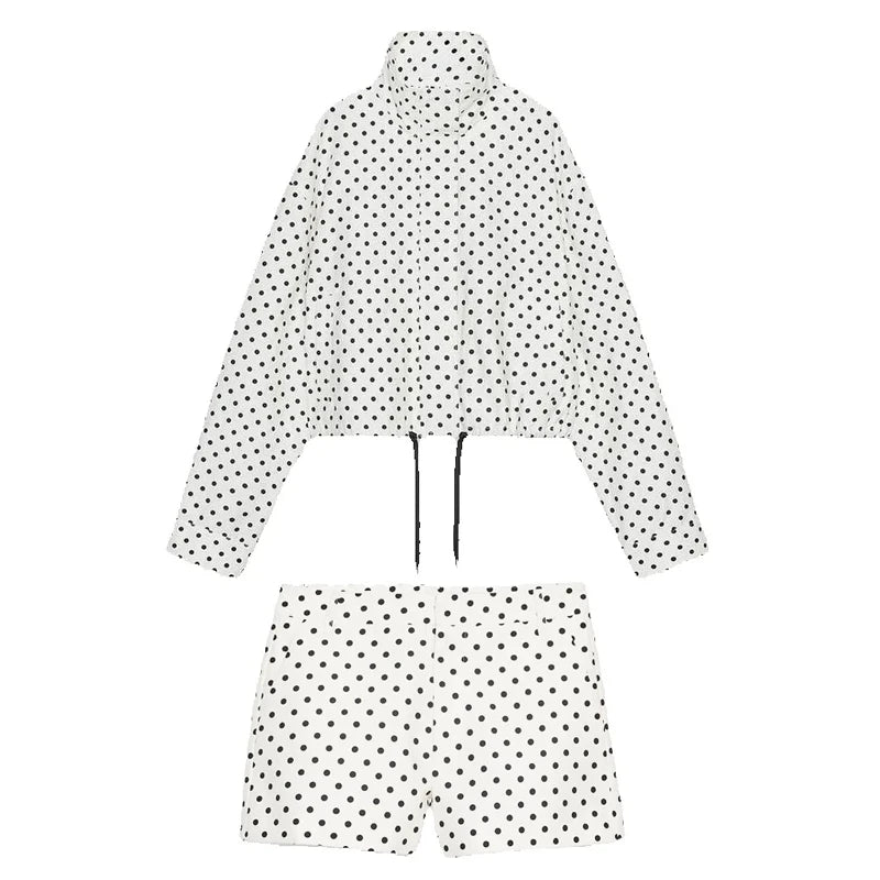 Fashion Polka Dots Blue Denim Jacket Pants Set Women Lapel Full Sleeve Zipper Top Wide Leg Trousers 2025 Autumn New Lady Outfits