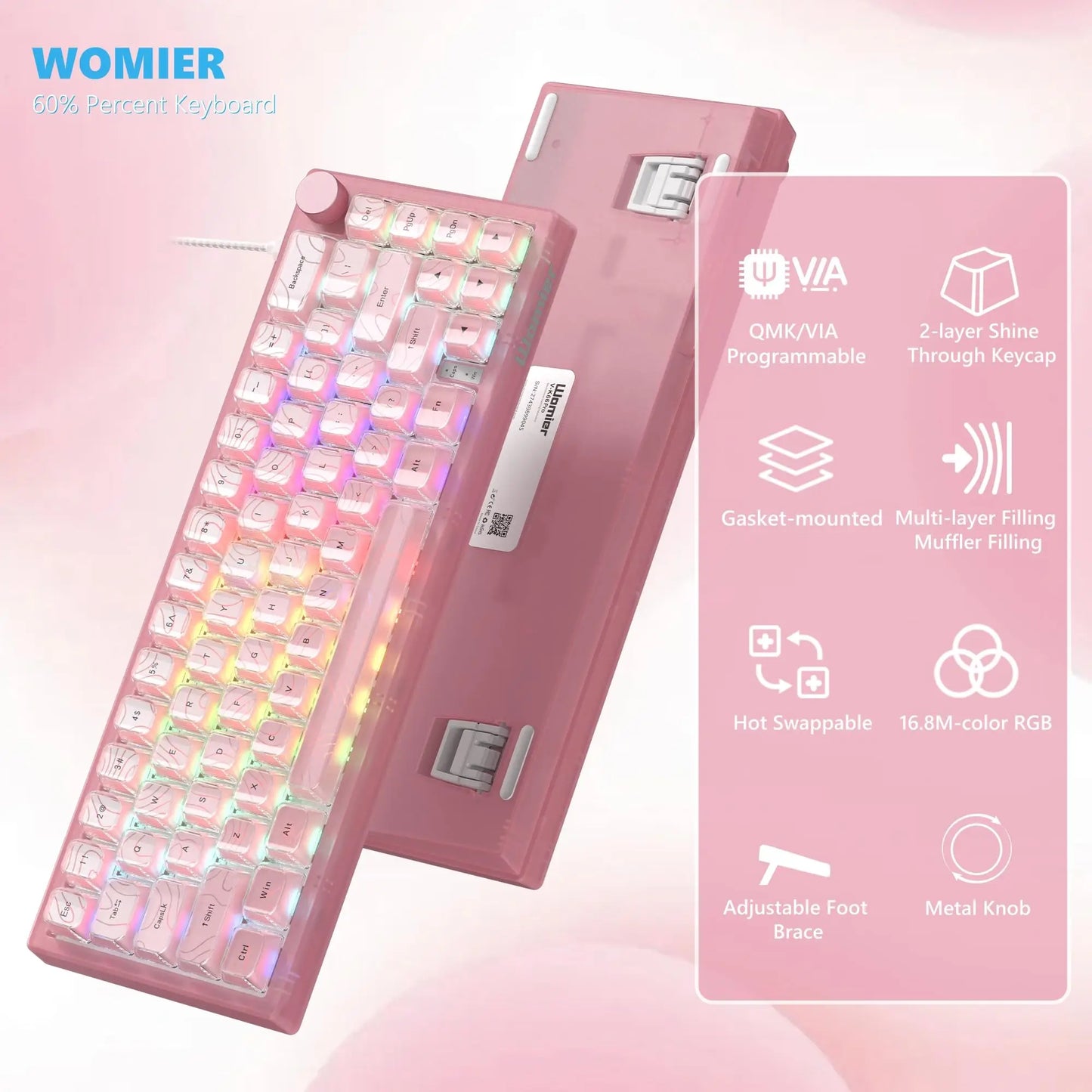Womier V-K66 PRO 60% Custom Mechanical Keyboard QMK/VIA Creamy Gasket Mount Hot Swappable RGB Wired Gaming Keyboard