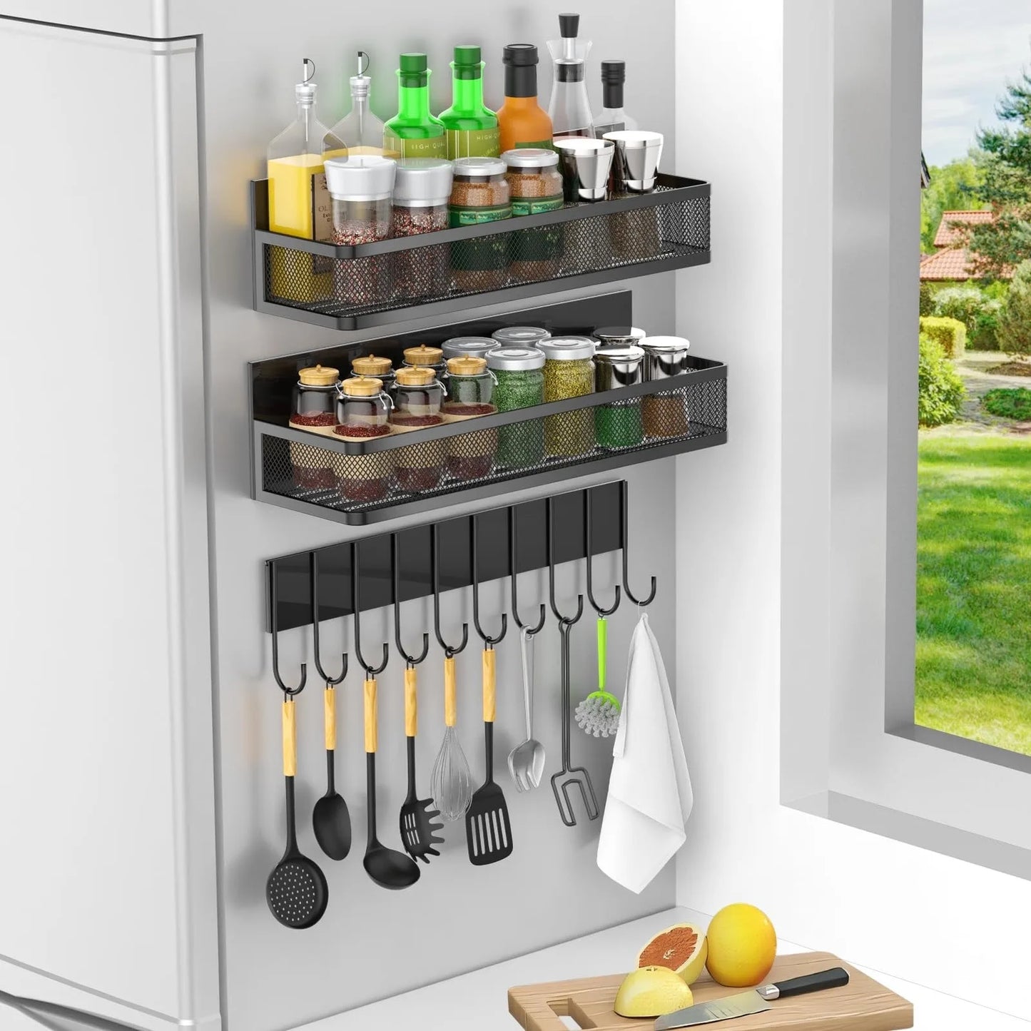 No Drill Magnetic Refrigerator Organizer Heavy Duty Carbon Steel Shelf 15kg Strong Hold Kitchen Storage for Spice & Condiments