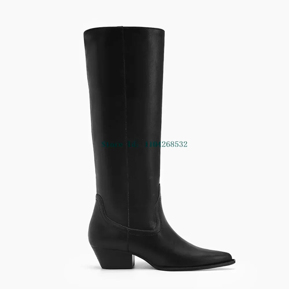 Genuine  Leather Patchwork Knee High Boots Pointed Toe Square Heel Slip On Leather Lining Flock Lining Fashion Lady Womern Boots