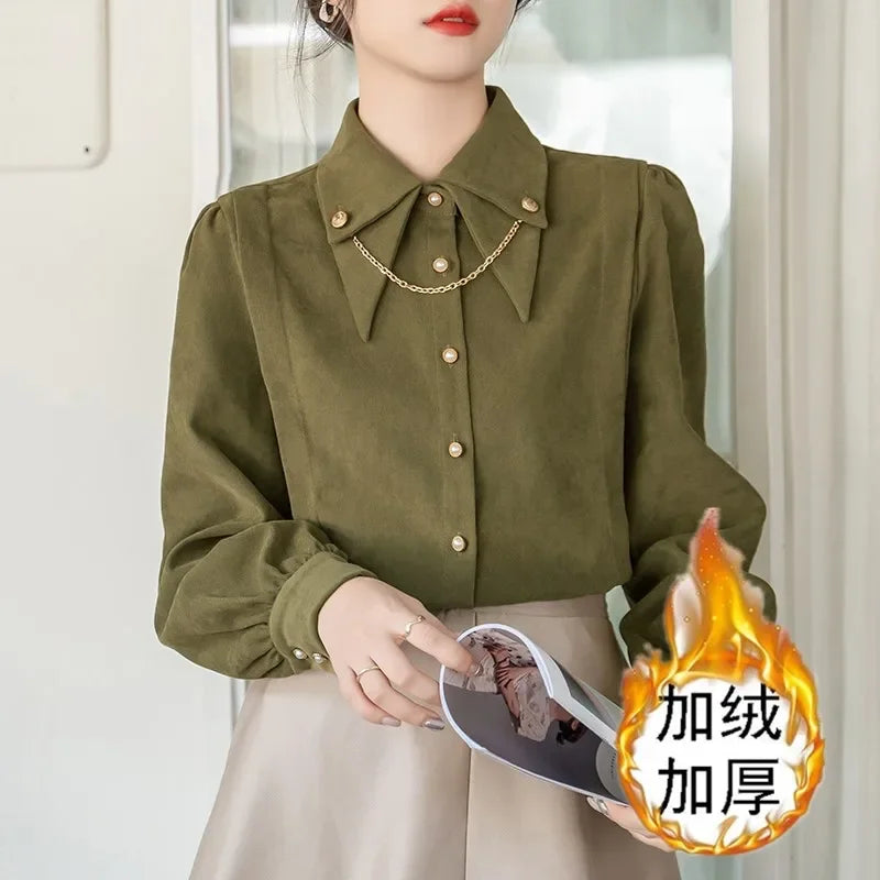 New Winter Casual Shirts Long Sleeve Turn Down Collar Womern Shirt  Adding Velvet and Thickening Blouses Womens Tops Blusa D187
