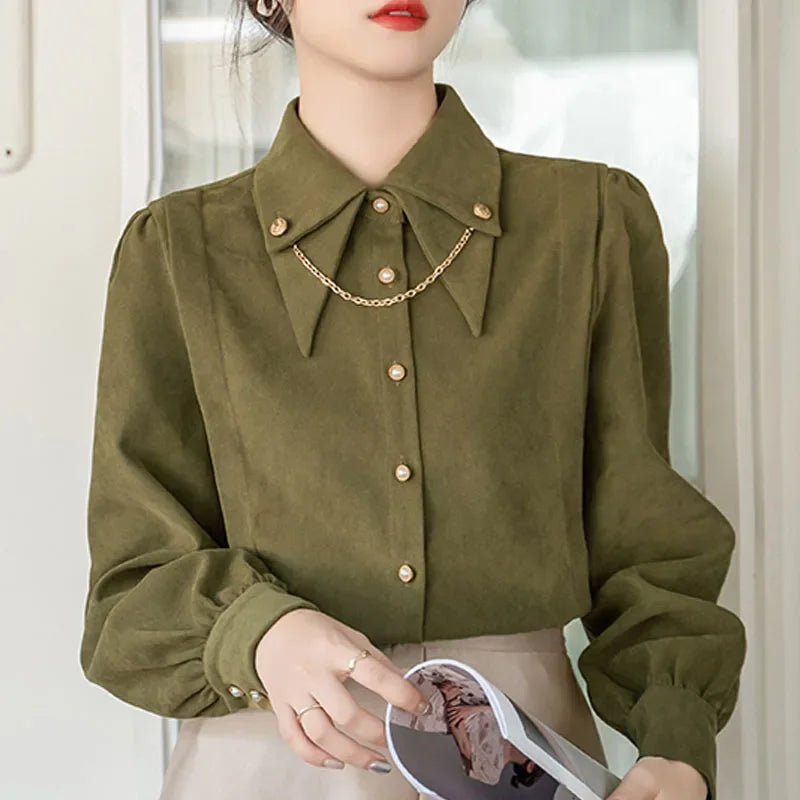 New Winter Casual Shirts Long Sleeve Turn Down Collar Womern Shirt  Adding Velvet and Thickening Blouses Womens Tops Blusa D187