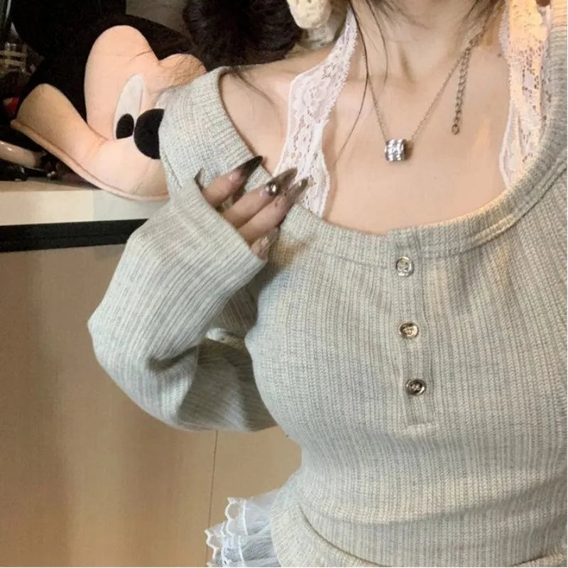 Autumn Womern Y2k Tops Casual Fashion Japanese T Shirt Fake Two T Shirts Women Clothing Patchwork Lace Tunic Long Sleeve Tees