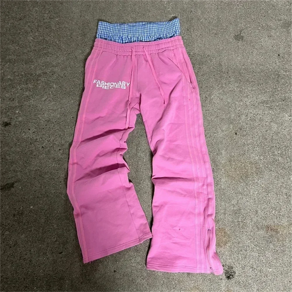 Women Casual Pants Patchwork High Waisted Design Vintage Straight Sweatpants Striped Side Panels Korean Fashion Slim Fit Loose