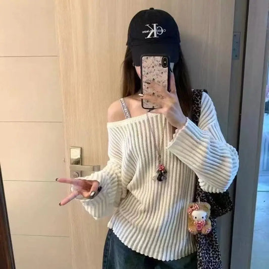 Hollow Out Knitted Stripe Slash Neck Sweater Women Oversize Autumn Winter Long Sleeve Lady Pullovers Lazy Style Blouse Sweater