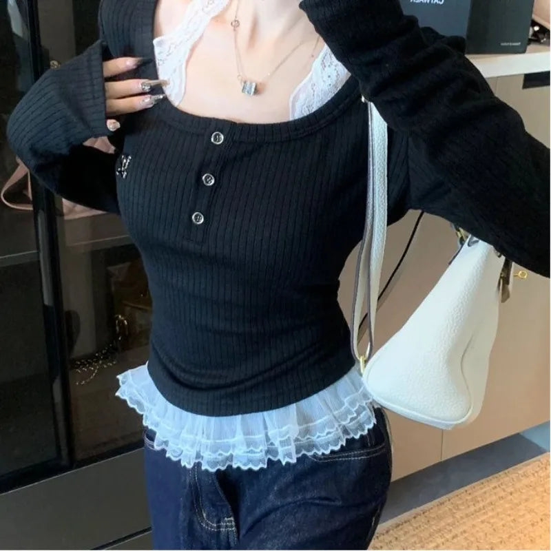 Autumn Womern Y2k Tops Casual Fashion Japanese T Shirt Fake Two T Shirts Women Clothing Patchwork Lace Tunic Long Sleeve Tees