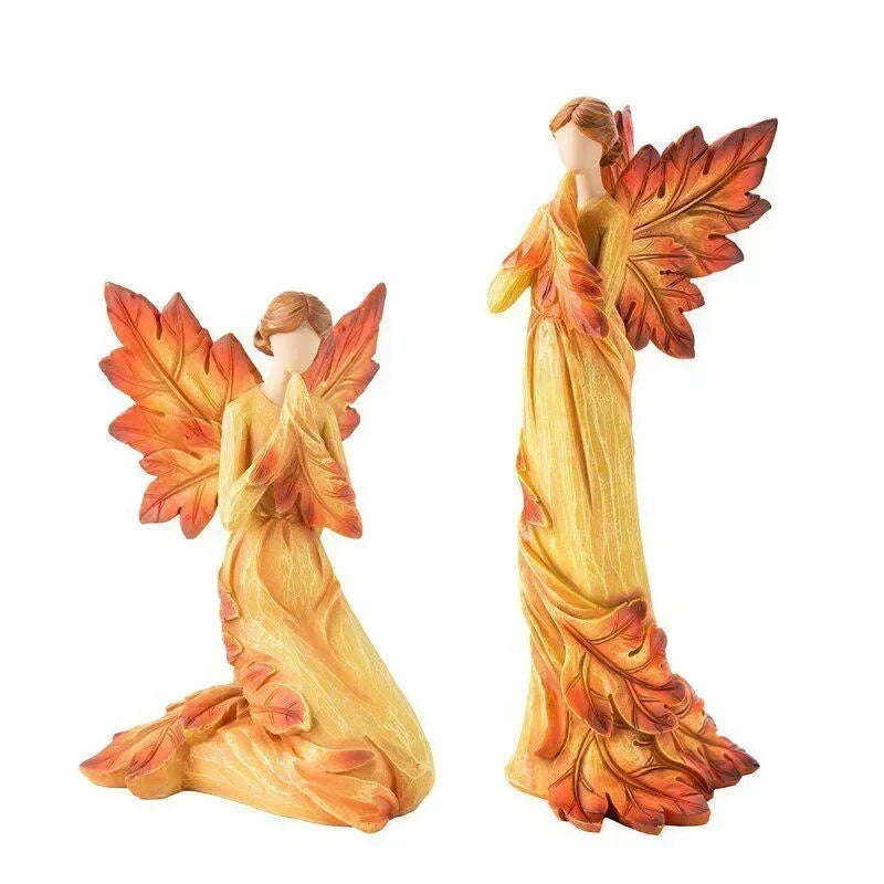 Autumn Maple Leaf Angel Wings Angel Statue Desktop Ornaments Creative Resin Sculpture Suitable for Garden Home Office Decoration