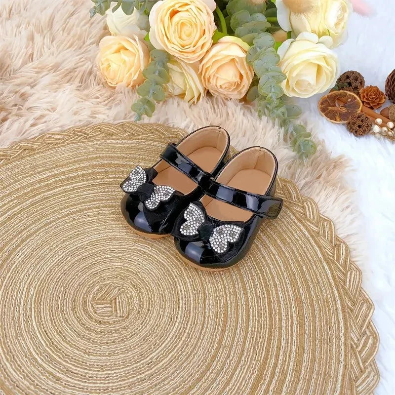 Casual Cute Rhinestone Bowknot Decor Mary Jane Shoes For Baby Girls, Lightweight Non-slip Walking Shoes For Spring And Autumn