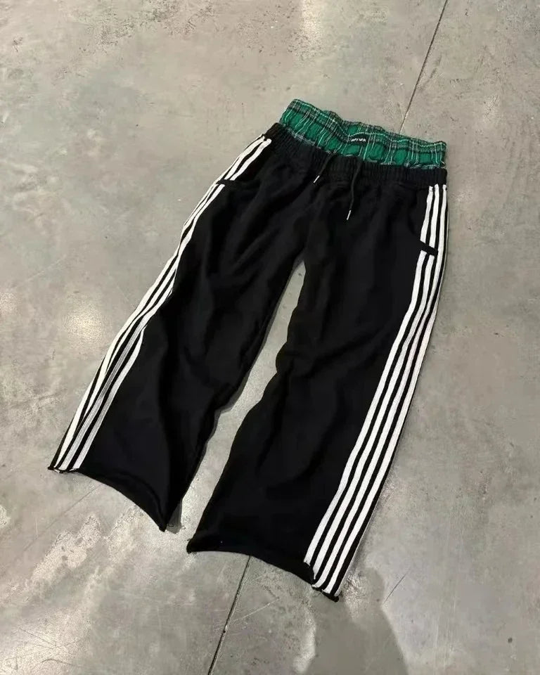 Women Casual Pants Patchwork High Waisted Design Vintage Straight Sweatpants Striped Side Panels Korean Fashion Slim Fit Loose