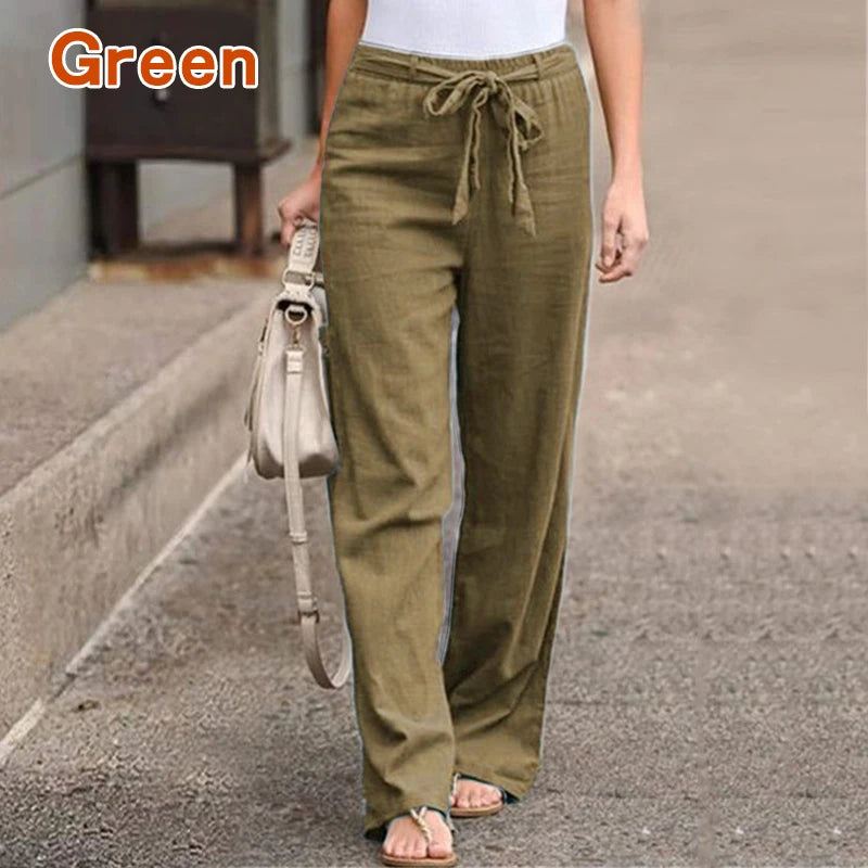 Women Casual Cotton Linen Pants Fashion Solid Color Elastic Waist Loose Straight Pants Female Ankle-length Trousers Summer Pants
