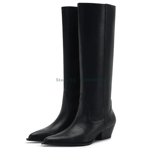 Genuine  Leather Patchwork Knee High Boots Pointed Toe Square Heel Slip On Leather Lining Flock Lining Fashion Lady Womern Boots