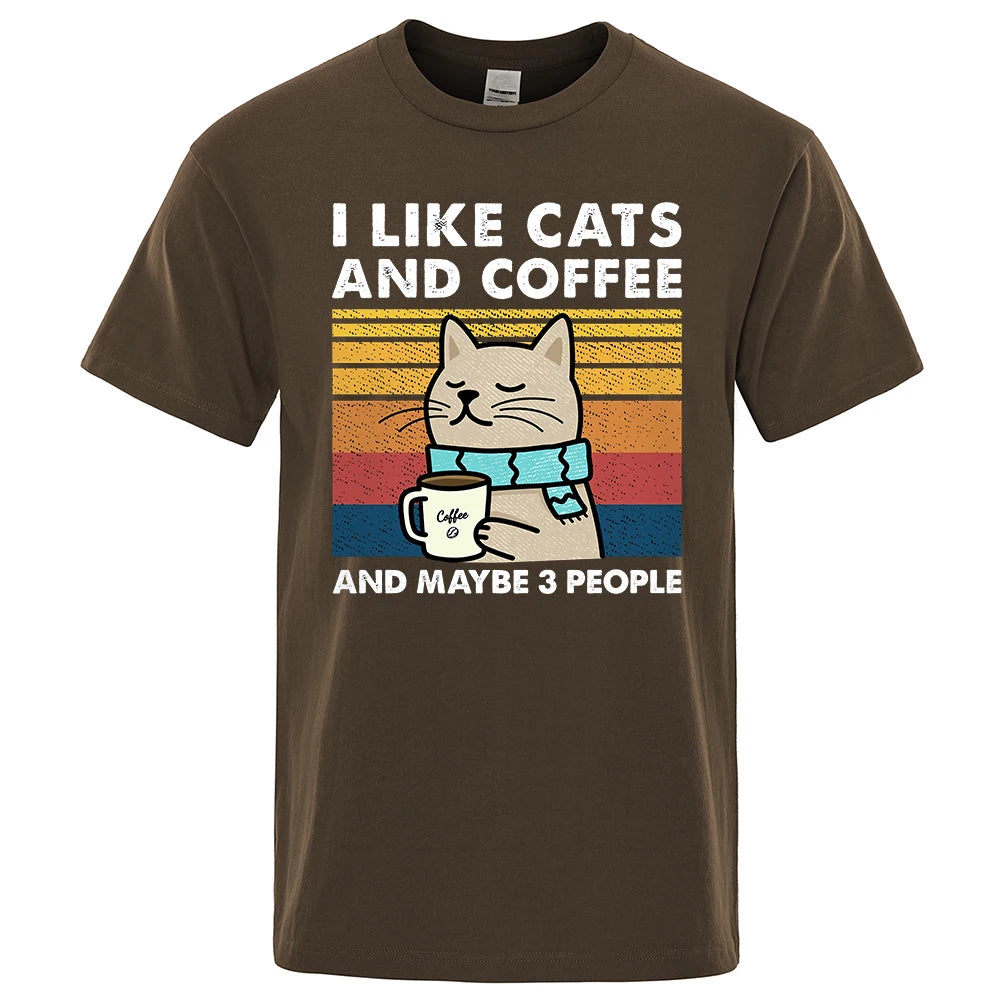 I Like Cats And Coffee Street Funny T-Shirt For Men Fashion Casual Loose Cotton Clothing Crewneck Breathable Tshirt Hip Hop Tees