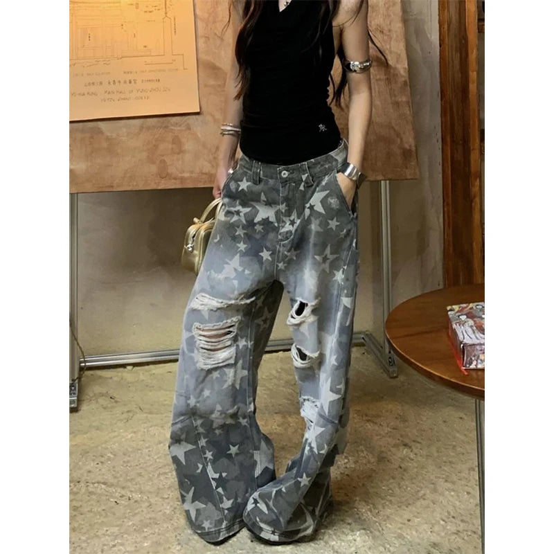 Vintage High Waist Women Blue Jeans Printing Fashion Streetwear Wide Leg Jean Female Denim Trouser Straight Baggy Denim Pants