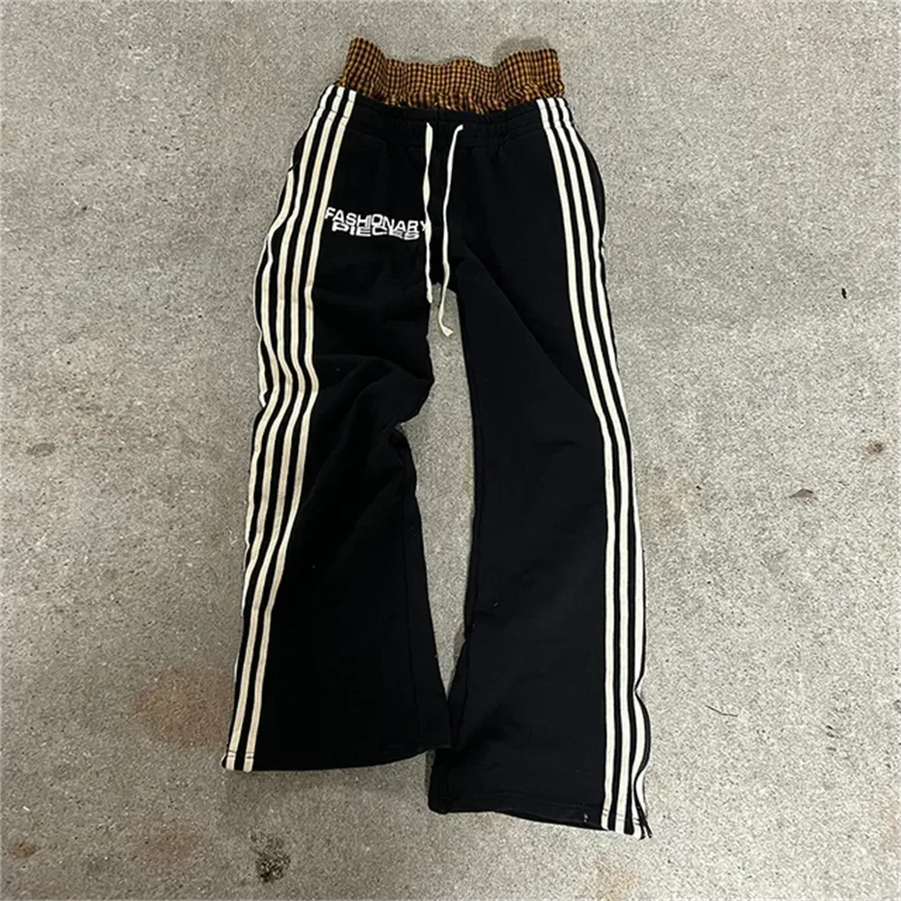 Women Casual Pants Patchwork High Waisted Design Vintage Straight Sweatpants Striped Side Panels Korean Fashion Slim Fit Loose