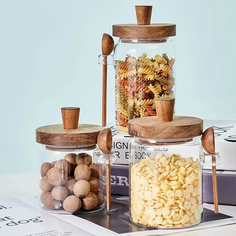 Glass Sealed Jar Five Grains Coffee and Tea Storage Can with Wooden Spoon Seasoning Bottle Kitchen Moisture-proof Storage Tank