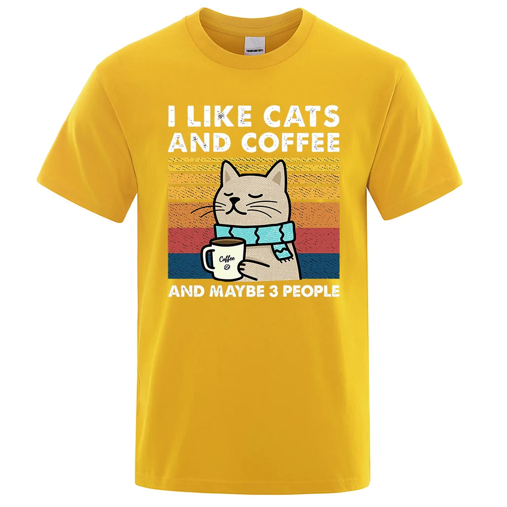 I Like Cats And Coffee Street Funny T-Shirt For Men Fashion Casual Loose Cotton Clothing Crewneck Breathable Tshirt Hip Hop Tees
