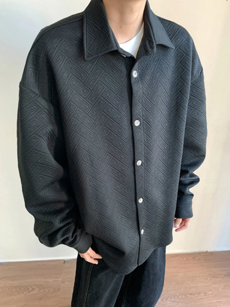 New Casual Mens Long Sleeve Cardigan Tops Fashion Jacquard Textured Shirts Men Spring Autumn Daily Leisure Buttoned Lapel Shirt