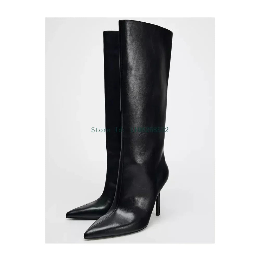 Genuine Leathet Soouchy Boots Pointed Toe Stiletto Solid Slip On Zipper Knee High New Arrivals Sexy Fashion Lady Womern Boots