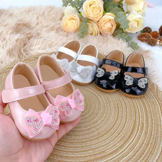 Casual Cute Rhinestone Bowknot Decor Mary Jane Shoes For Baby Girls, Lightweight Non-slip Walking Shoes For Spring And Autumn