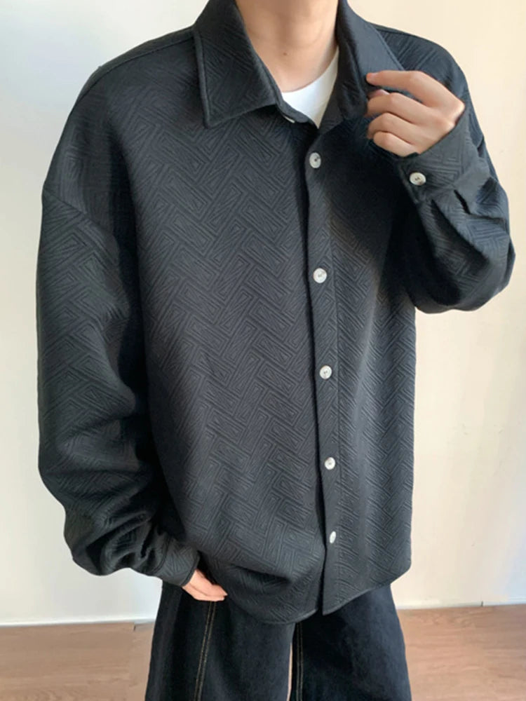 New Casual Mens Long Sleeve Cardigan Tops Fashion Jacquard Textured Shirts Men Spring Autumn Daily Leisure Buttoned Lapel Shirt